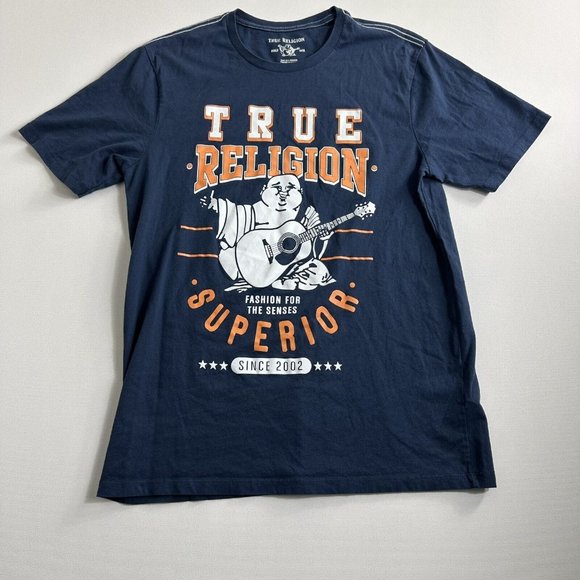 True Religion Buddha Logo Short Sleeve T-Shirt Tee Men's Size MEDIUM‎ Blue - Picture 1 of 9